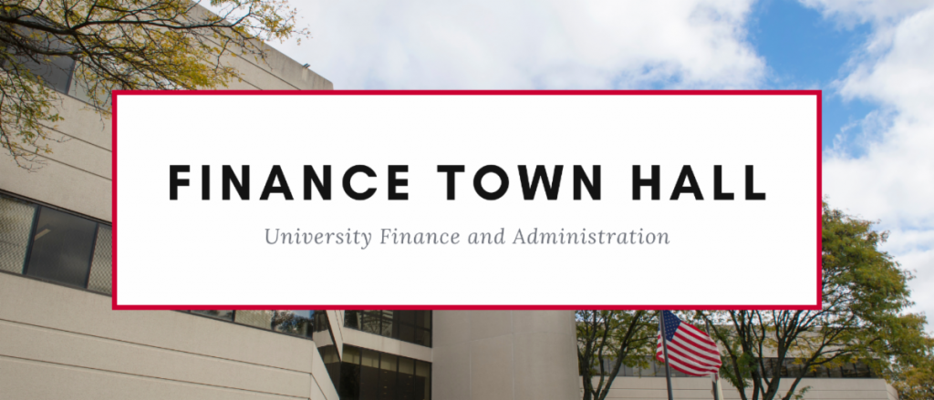 Finance Town Hall: University Finance and Administration in foreground in front of Finance and Administration Building in Piscataway, NJ