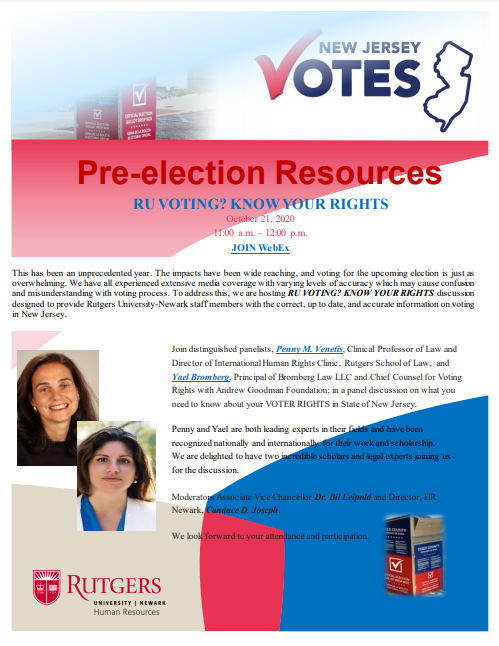 Flyer with New Jersey Votes logo and ballot box on top followed by description of event copied to this page. Headshots of panelists Venitis and Bromberg included in the bottom left-hand side.