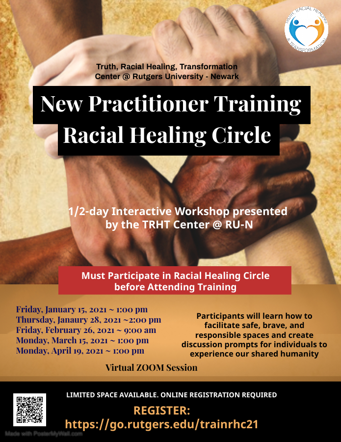 Flyer of four hands of different complexions interlocked holding one another's wrists.  The title reads "New Practitioner Training Racial Healing Circle" is in the foreground over the hands.  At the bottom are listed several dates and the text "Participants will learn how to facilitate safe, brave, and responsible spaces and create discussion prompts for individuals to experience our shared humanity.