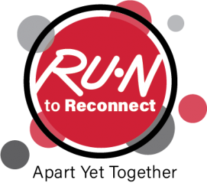 Large red dot in foreground with text "RU-N to Reconnect" written inside it. A half dozen small dots sit in the background in grey and red tones. The text "Apart Yet Together" is written below.