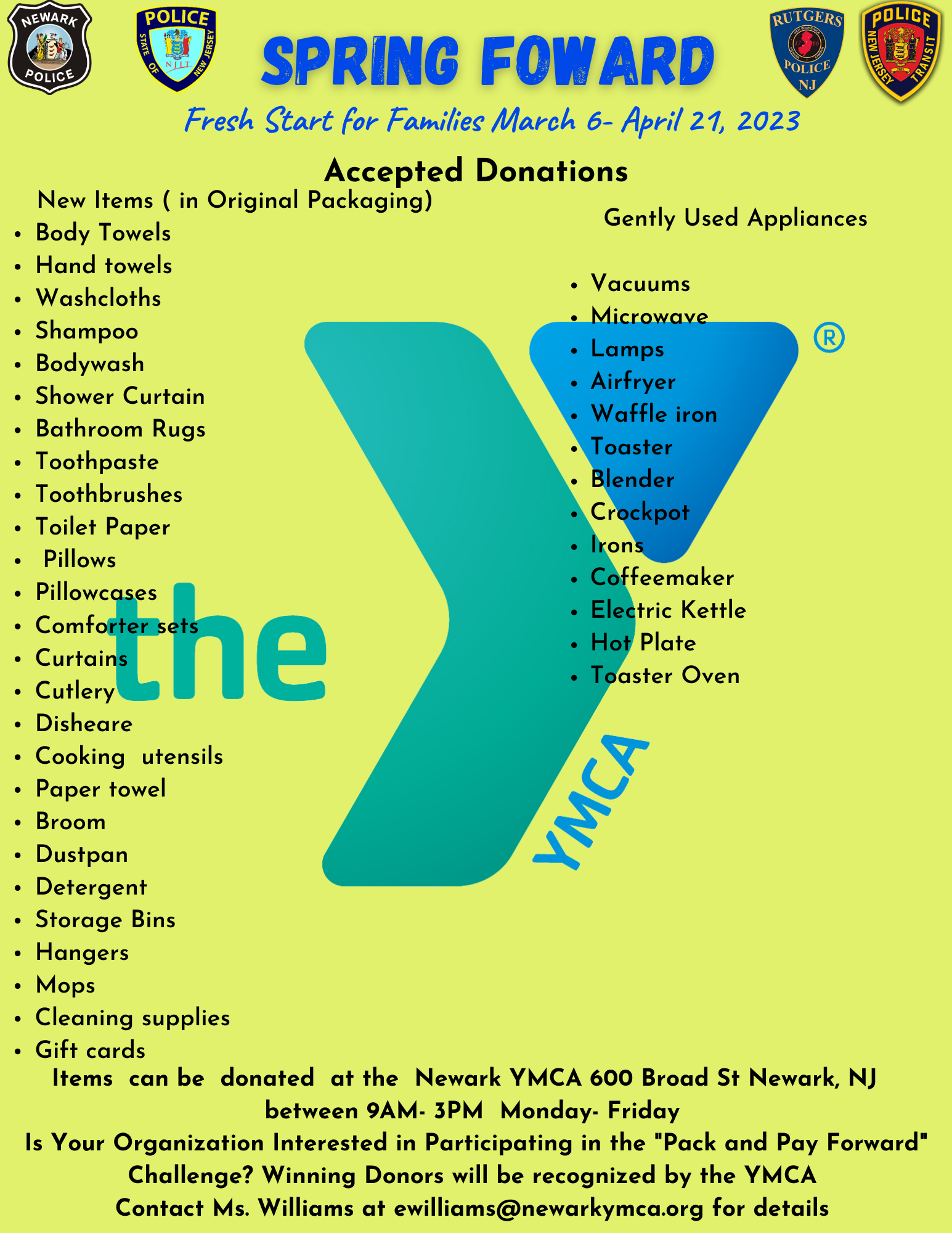 List of accepted donations for Newark YMCA Spring Forward Program